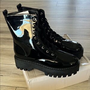 Olivia Miller Black patent leather combat moto boots size 11 NEW